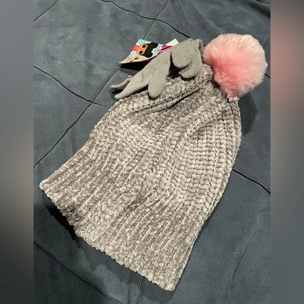 LOL Surprise Soft Chenille Winter Hat &‎ Gloves Set for Girls with pompom
